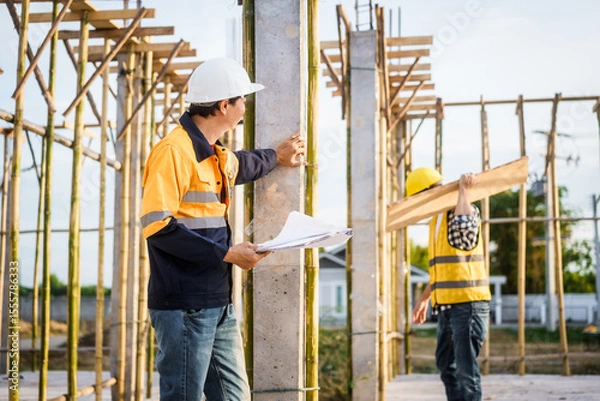 Fototapeta An elderly man and a middle-aged Asian man, both wearing hard hats and reflective vests, closely inspect construction blueprints on site amid an active construction site with beams and columns