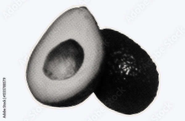 Fototapeta Raw avocado, ripe exotic fruit in halftone modern art style. Cutout from magazine for collage design with grunge texture. Peruvian pear, raw avocado, healthy ingredient. Vector, black and white.
