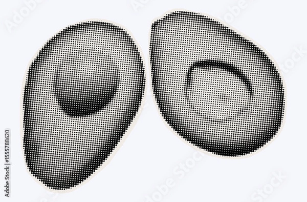 Fototapeta Two halves of an avocado, ripe exotic fruit in halftone modern art style. Cutout from magazine for collage design with grunge texture. Peruvian pear, raw avocado, healthy ingredient. Vector