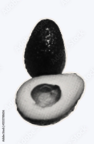 Fototapeta Raw avocado, ripe exotic fruit in halftone modern art style. Cutout from magazine for collage design with grunge texture. Peruvian pear, raw avocado, healthy ingredient. Vector, black and white.