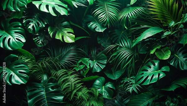 Fototapeta Tropical green leaves creating lush natural background