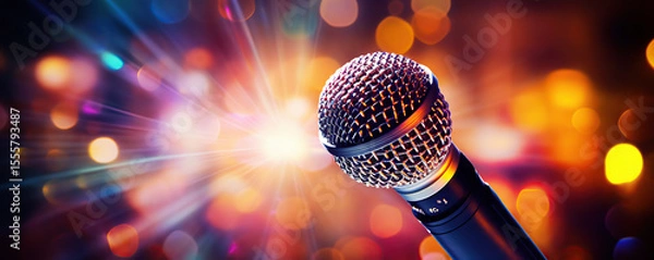 Obraz Microphone gleams under colorful lights at a live performance venue with an energetic atmosphere