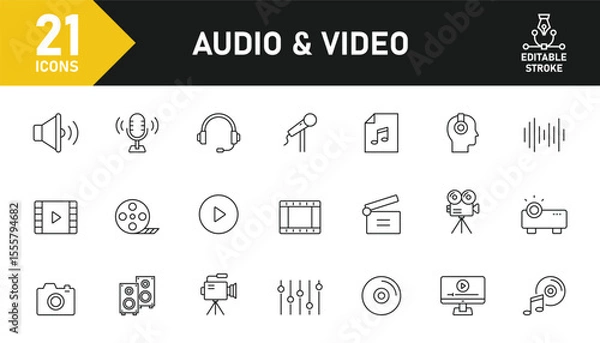 Fototapeta Video and Audio line icon set. Set of 21 outline icons related to video, audio, microphone, sound, media player, movie and others. Editable stroke. Vector illustration.