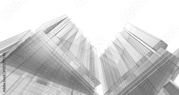 Fototapeta Architecture background. Perspective 3d Wireframe of building design.