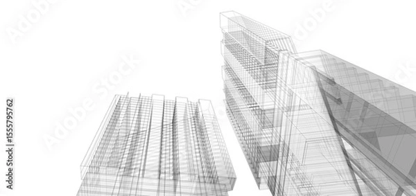 Fototapeta Architecture background. Perspective 3d Wireframe of building design.