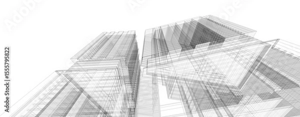 Fototapeta Architecture background. Perspective 3d Wireframe of building design.
