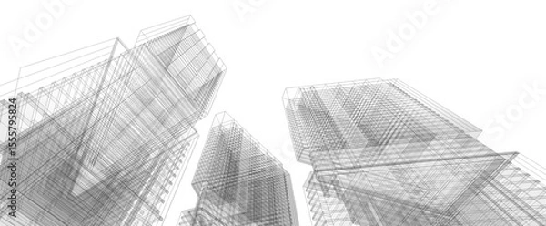 Fototapeta Architecture background. Perspective 3d Wireframe of building design.