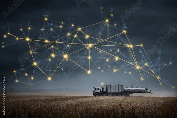 Fototapeta Technology connects agricultural vehicles in a field during twilight hours