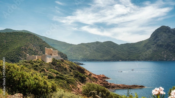 Fototapeta The recently renovated Genoese tower and fortress at Girolata, a small fishing village on the west coast of the mediteranean island of Corsica, only reached by foot or by boat
