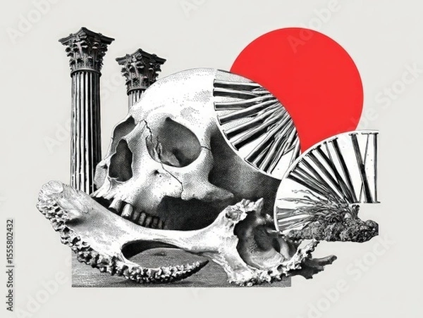 Fototapeta Memento Mori: Skull, Columns, and Clock Collage