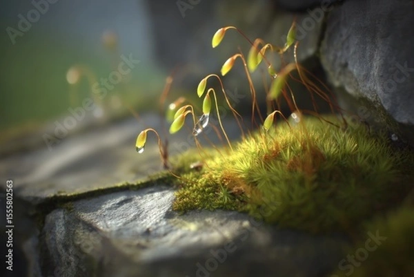 Fototapeta Moss Sporophytes with Dew Drops on Stone