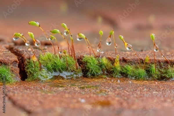 Fototapeta Moss Sprouts with Dew Drops on Brick