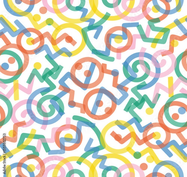 Fototapeta Memphis geometric seamless pattern. Multicolor abstract background in retro 80s, 90s style with various shapes: circles, semicircles, dots, zigzags, spirals, wavy lines. Cute kid doodle design