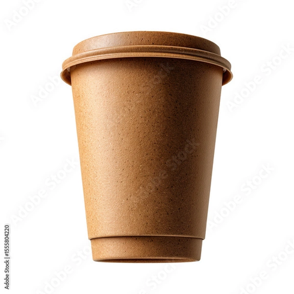 Fototapeta Brown paper coffee cup with lid isolated on a transparent background. Disposable takeaway cup made of kraft paper, front view. Used for hot drinks like coffee, tea, or cocoa.
