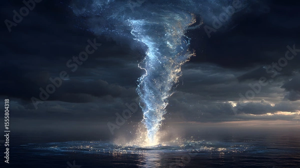 Obraz A divine pillar of water rising from the sea into the sky spinning like a slow-motion vortex surrounded by storm clouds and illuminated by lightning
