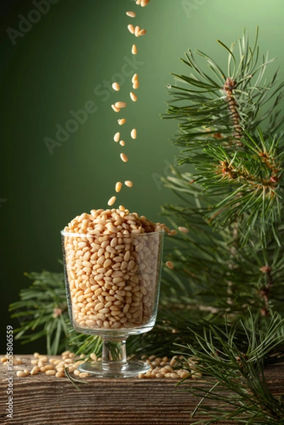 Obraz Pine nuts is poured in a glass bowl.