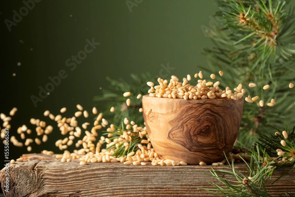 Obraz Flying peeled pine nuts on a dark green background.