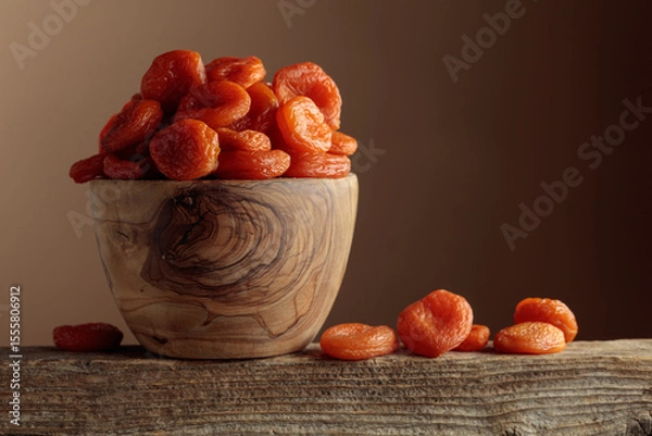 Obraz Organic dried apricots in a wooden dish on a brown background.
