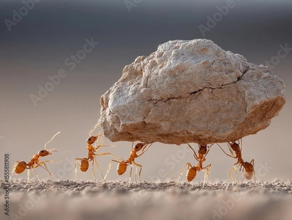 Fototapeta Ants working together to lift a large rock on a sandy surface during daylight