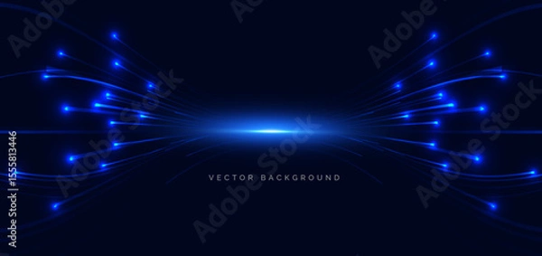 Obraz Blue beams wave lines on dark blue background. Technology futuristics background.