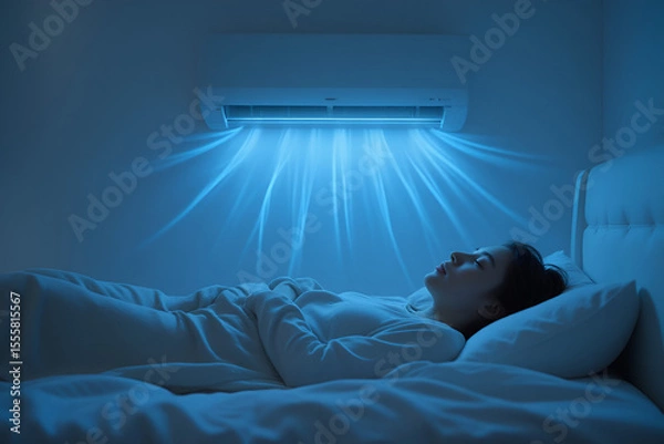 Fototapeta  Woman Sleeping Peacefully Under Air Conditioner at Night with Cool Blue Lighting in Bedroom