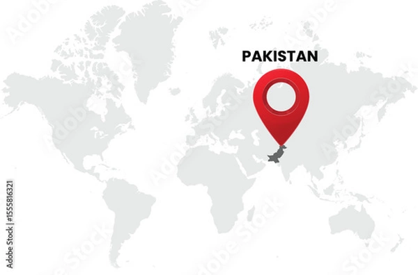 Fototapeta World map on white background. World map with country pakistan highlighted with location symbol. Vector illustration of map and pin location of pakistan country.