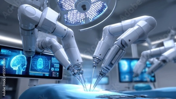 Fototapeta robotic surgical arms performing delicate operation under supervision of surgeon, futuristic operating room with blue light and digital panels