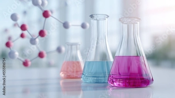 Fototapeta scientific lab glassware with colored liquids on white table, soft ambient light, floating molecular structures in background, clean composition, no people