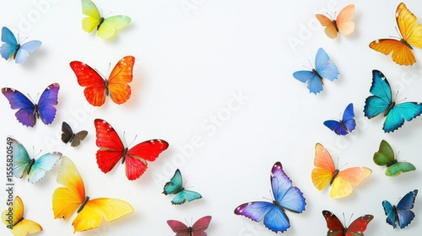 Obraz Colorful butterflies in various shades and sizes create vibrant display on light background, evoking sense of joy and beauty