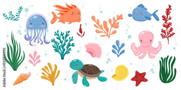 Fototapeta Vector set with jellyfish, octopus, turtle, fish, shells, starfish and sea plants. Perfect for kids design, games, prints and ocean themed content