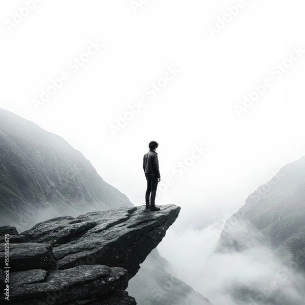 Fototapeta Solitary Figure Standing on Cliff Edge Surrounded by Misty Mountains