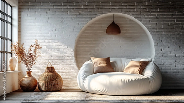 Fototapeta Cozy modern living room design contemporary home interior photography bright environment stylish viewpoint