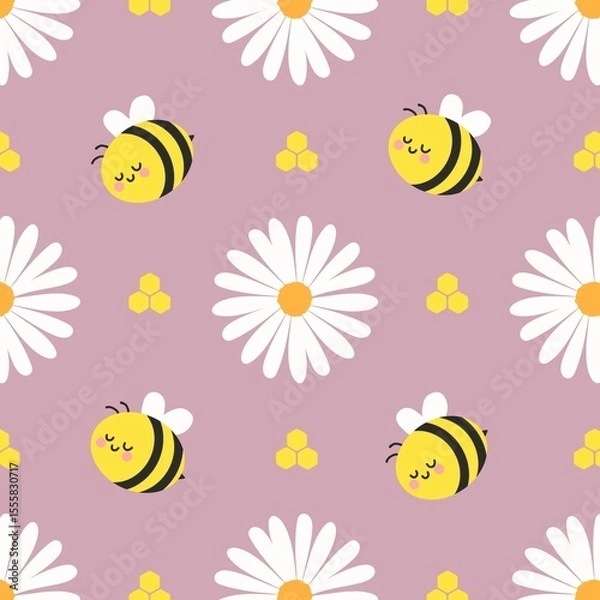 Fototapeta Cute bees, daisies, and honeycomb on a pastel pink background. Adorable spring pattern perfect for kids, nursery, and fabric design.