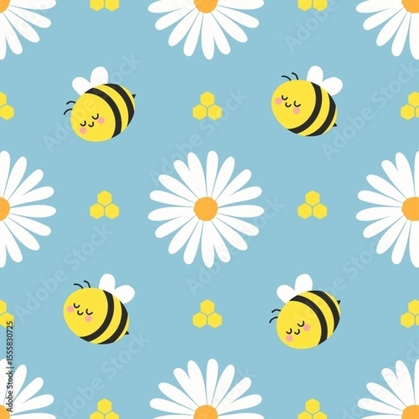 Fototapeta Cute bees, daisies, and honeycomb on a pastel blue background. Adorable spring pattern perfect for kids, nursery, and fabric design.