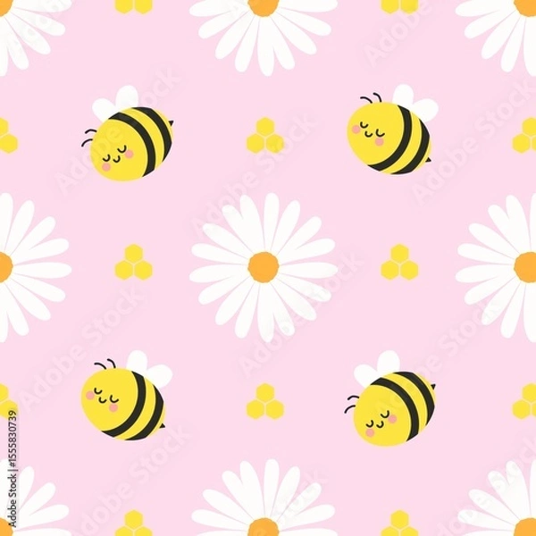 Fototapeta Cute bees, daisies, and honeycomb on a pastel pink background. Adorable spring pattern perfect for kids, nursery, and fabric design.