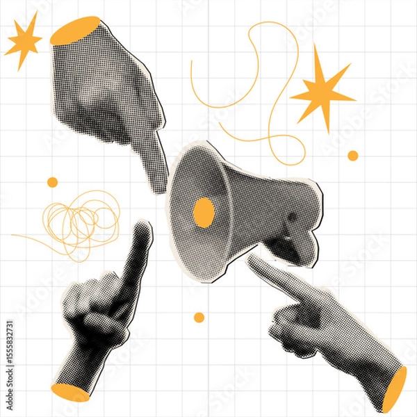 Obraz Trendy halftone collage human hands pointing at megaphone with yellow scribbles