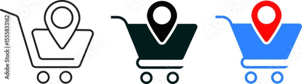 Fototapeta store location icon set. pin icon with cart and path. retail activities settings. concept of e commerce map pin shop address
