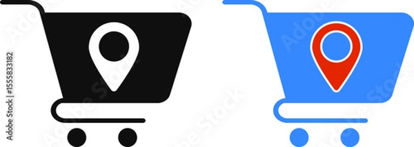 Fototapeta store location icon set. pin icon with cart and path. retail activities settings. concept of e commerce map pin shop address
