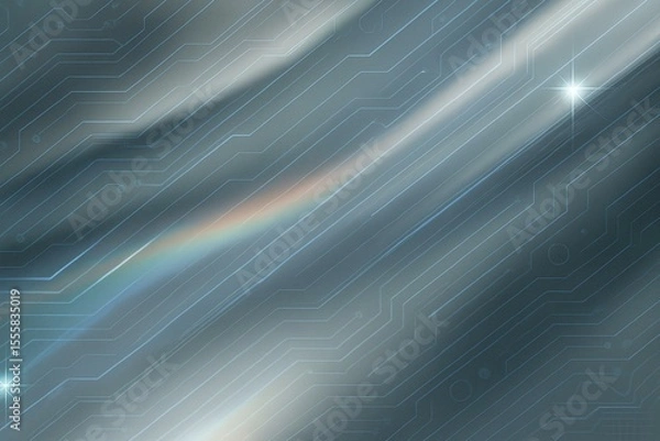 Fototapeta Futuristic Blue Circuit Board Background with Rainbow Light and Star Glow.