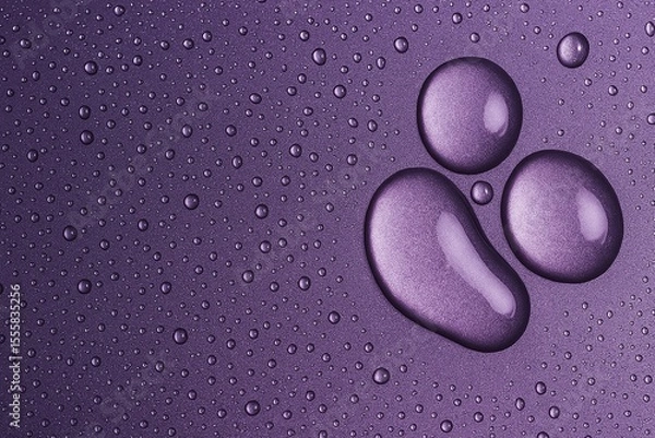 Fototapeta Purple Water Drops on Metallic Surface, Shiny Abstract Wet Texture Background.