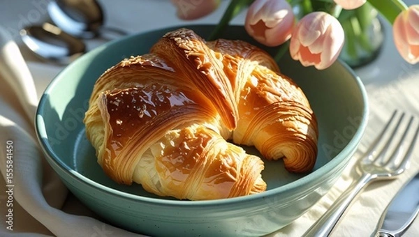 Fototapeta Golden, flaky French croissant on a clean surface with soft light, ideal for bakery, breakfast, and lifestyle food visuals.