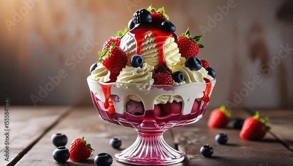 Fototapeta Delicious berry ice cream sundae served in a glass bowl with raspberries and blueberries, perfect for summer refreshment and dessert lovers.