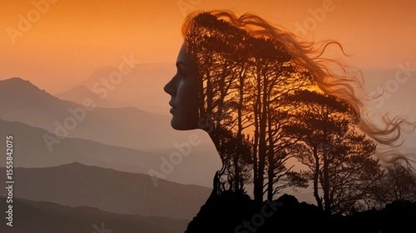 Fototapeta Woman's silhouette blends with trees under a vibrant sunset in a serene landscape