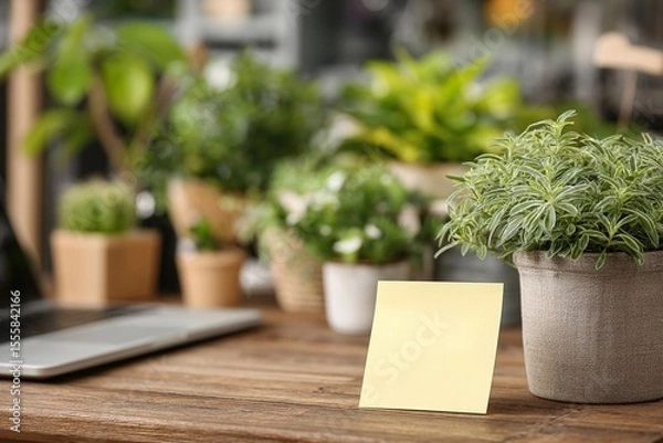 Fototapeta Bright workspace with plants and a blank sticky note on wooden table during daytime