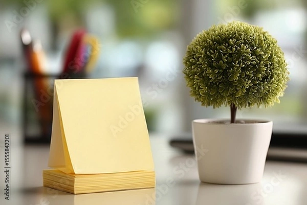 Fototapeta Desk setup with sticky notes and potted plant near office supplies in bright workspace