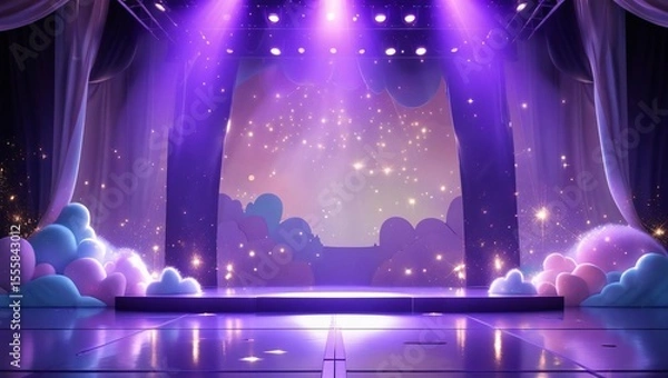 Fototapeta Purple spotlight stage with dreamy cloud and star elements, ideal for music, entertainment, fantasy, or digital event backgrounds.