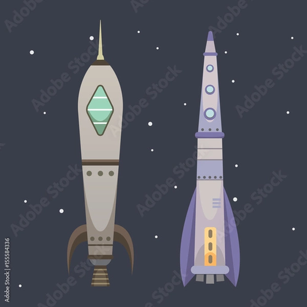 Fototapeta Rocket ship in cartoon style. New Businesses Innovation Development Flat Design Icons Template. Space ships illustrations set.