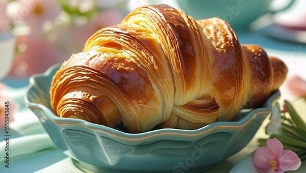 Fototapeta Golden, flaky French croissant on a clean surface with soft light, ideal for bakery, breakfast, and lifestyle food visuals.