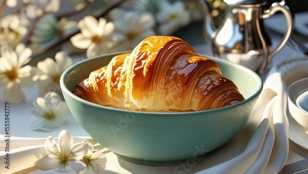Fototapeta Golden, flaky French croissant on a clean surface with soft light, ideal for bakery, breakfast, and lifestyle food visuals.