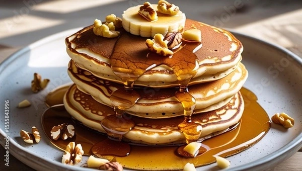 Fototapeta Fluffy pancake stack drizzled with syrup and topped with nuts, perfect for cozy breakfast scenes and food content.
